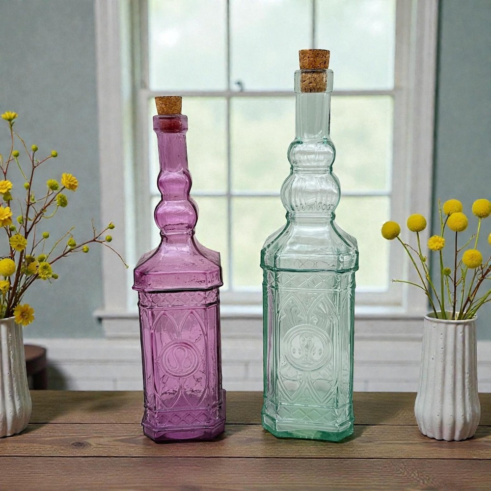 Mold Blown Glass Decorative Cathedral Bottles Pair Purple Green Geometric Cork